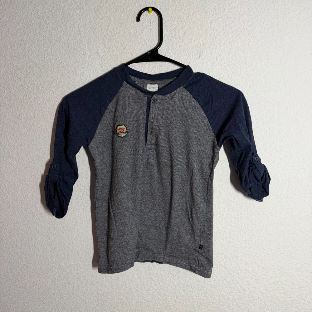 Kair Shirt Boys 7/8Y Gray Blue Colorblock Textured Henley Neck Roll Tab Sleeve
